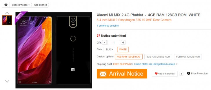 Xiaomi mi mix 2 listing gearbest price