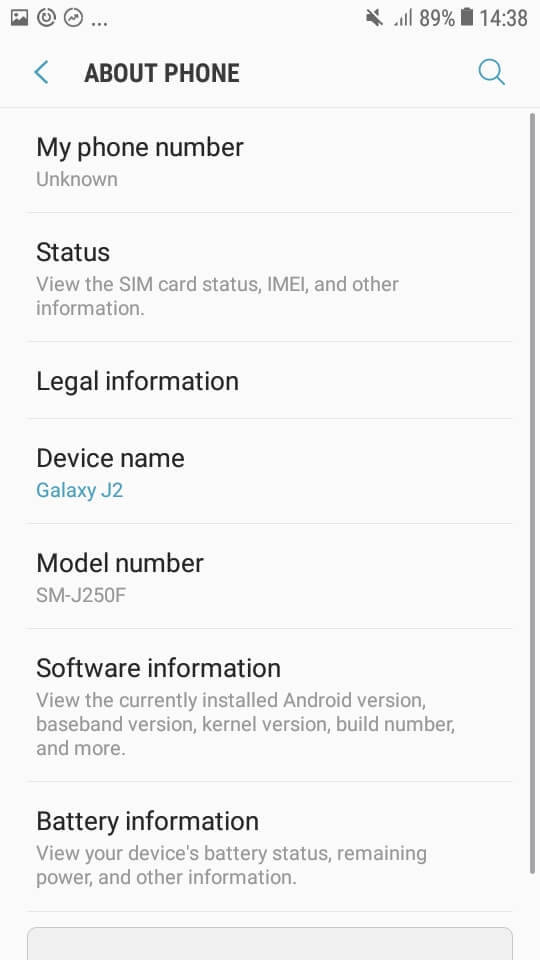 Samsung Galaxy J2 2018 screenshot about phone