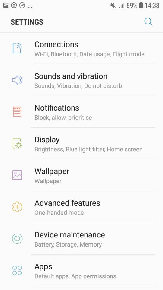 Samsung Galaxy J2 2018 screenshot settings menu