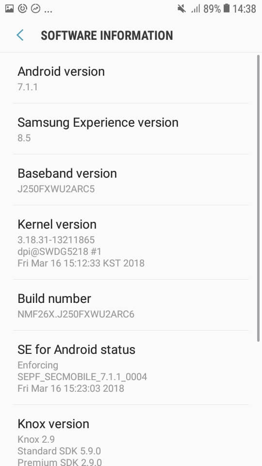 Samsung Galaxy J2 2018 screenshot software information