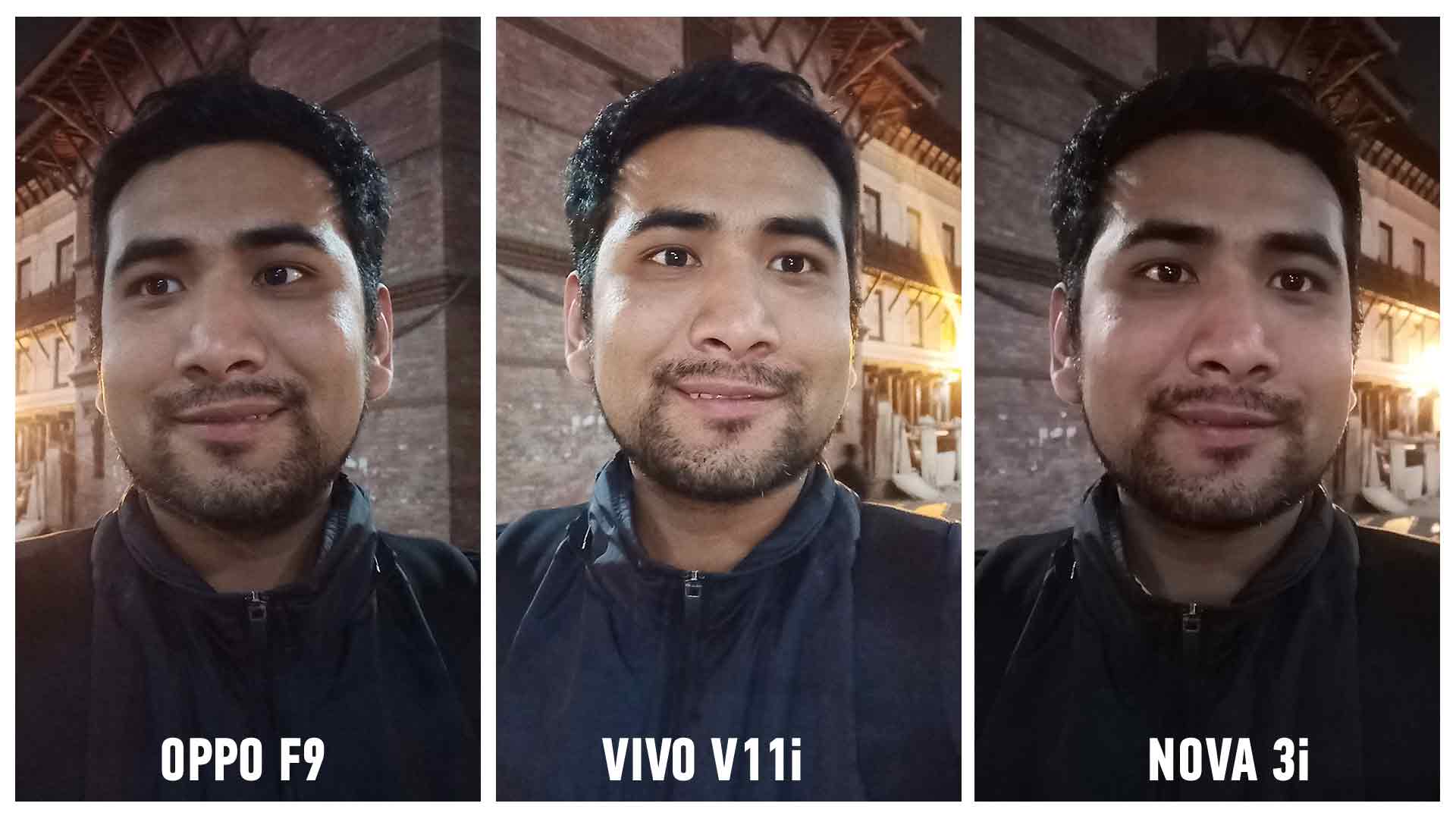 vivo v11 vs oppo f9 vs nova 3i selfie camera comparison night