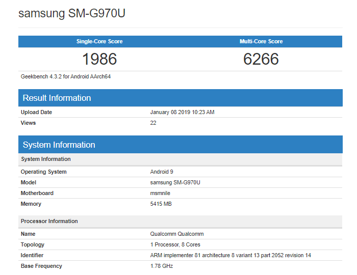 Samsung Galaxy S10 E Geekbench score