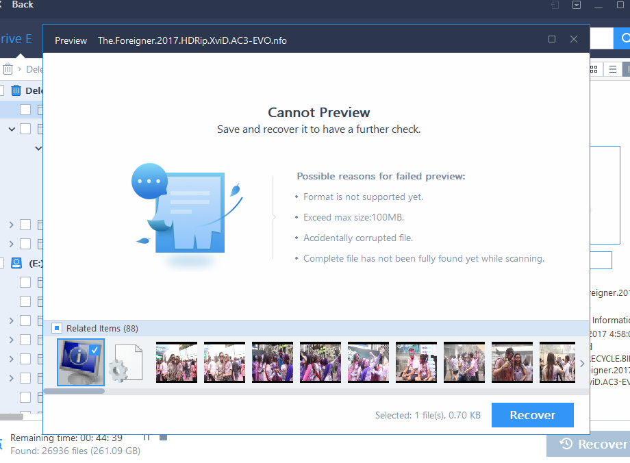 easeus data recovery preview window for video 2 large file