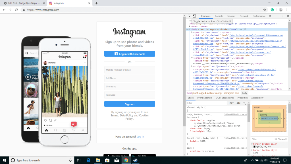 browser developer mode for instagram