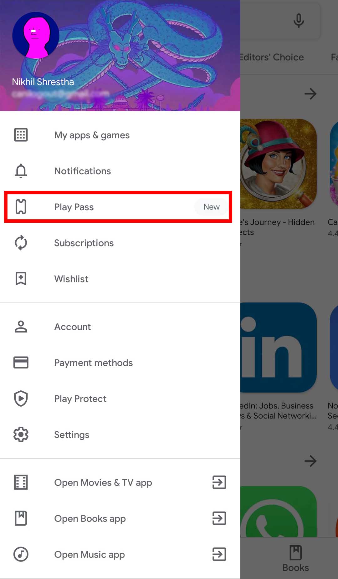 Google Play Pass option in the Play Store sidebar.