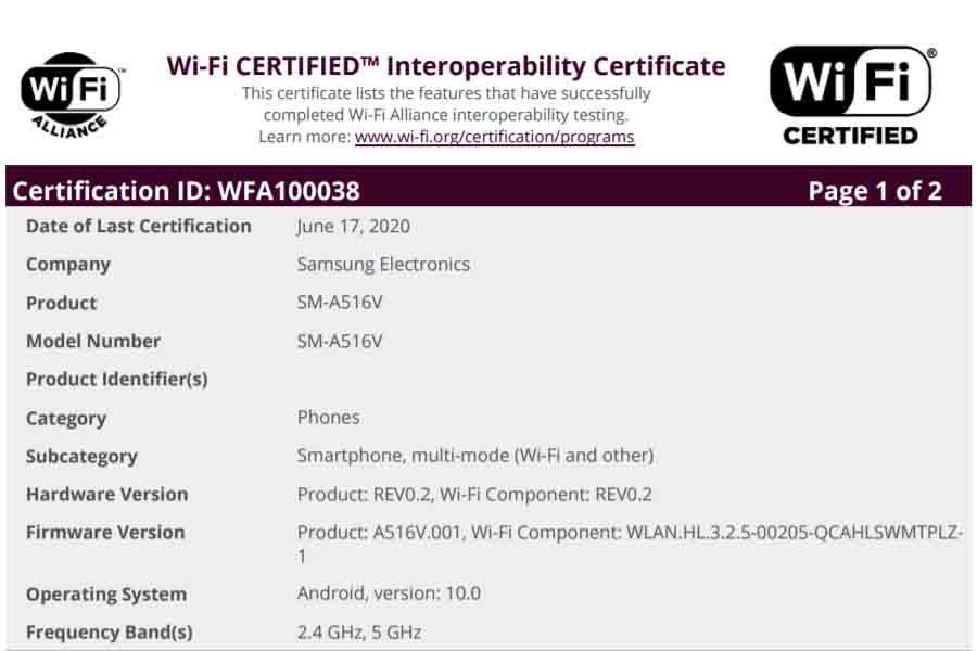 Samsung Galaxy A51s 5g wifi certification