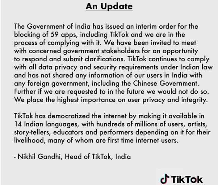 Tiktok India official statement on Indian Ban