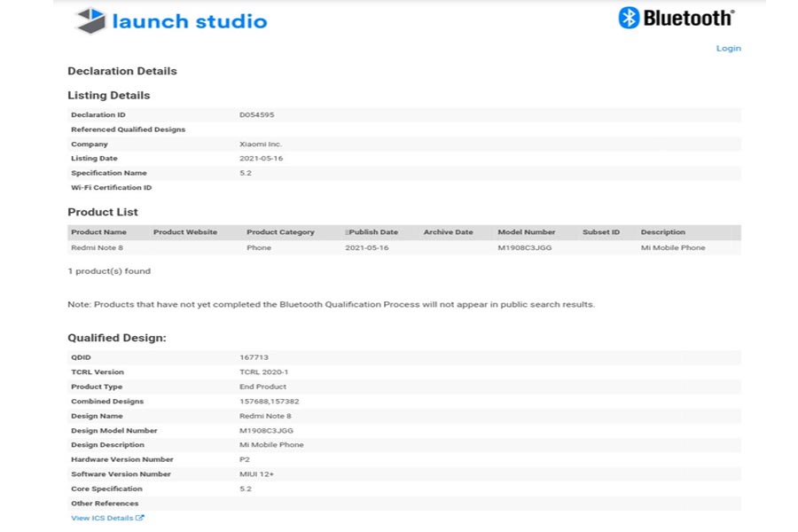 Redmi Note 8 2021 Bluetooth SIG Certification