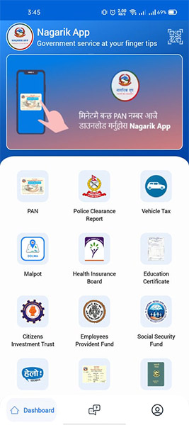 Nagarik App Interface with Vehicle Tax feature