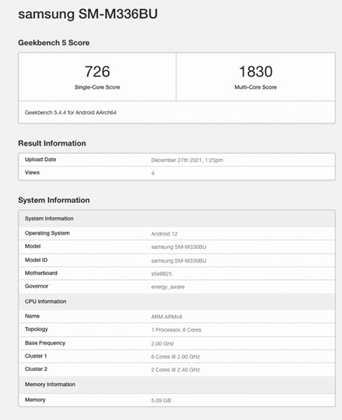 Samsung Galaxy M33 5G Geekbench score