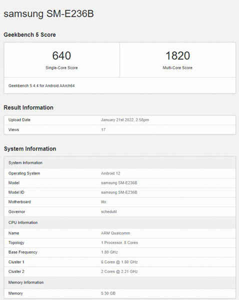 Samsung Galaxy F23 5G Geekbench scores