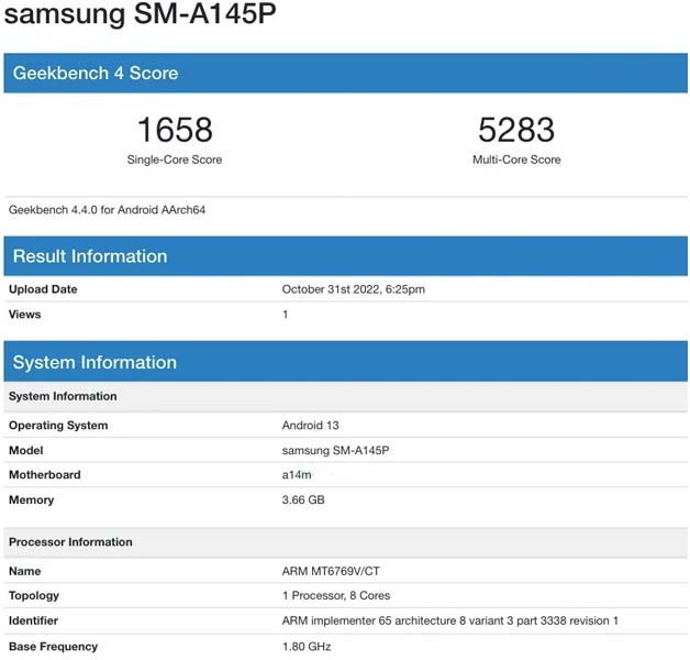 Samsung Galaxy A14 Geekbench