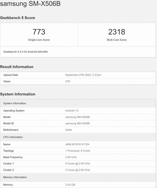 Samsung Galaxy Tab S8 FE Geekbench Scores