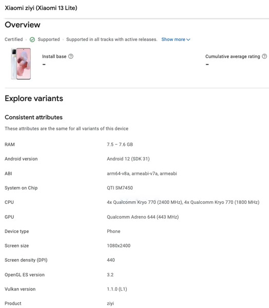 Xiaomi 13 Lite Google Play Console Listing