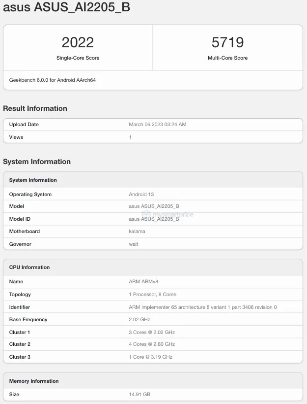 Asus ROG Phone 7 AI2205_B Geekbench listing