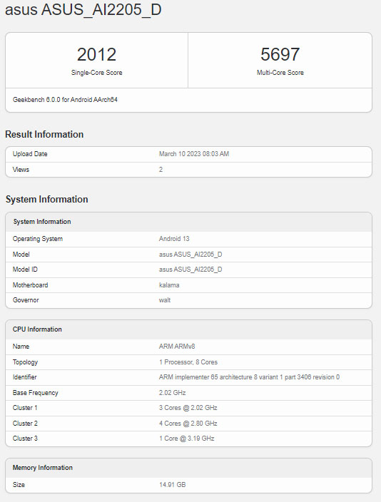 Asus ROG Phone 7 AI2205_D Geekbench listing