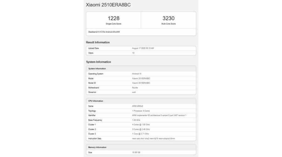 Redmi Note 15 Pro+ Geekbench listing